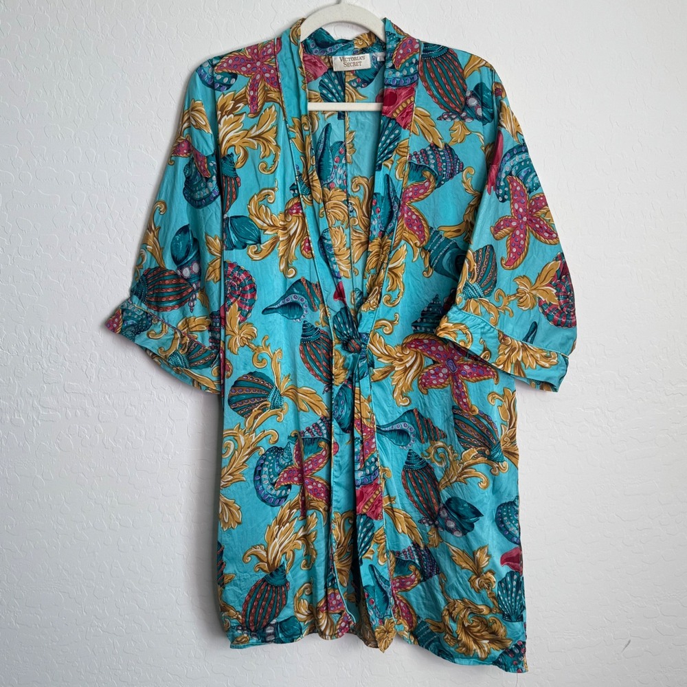 VTG Y2K Victoria's Secret Gold Label Seashell Baroque Kimono Robe Turquoise Blue